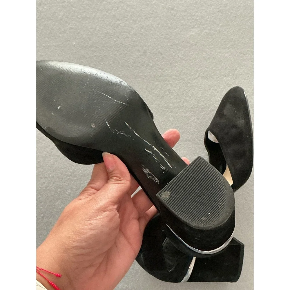 Nine West Block Heel Pumps Size 10M Black Suede Ankle Strap Metallic Trim